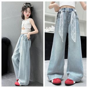 กางเกงยีนส์ Ice Silk กางเกงยีนส์เด็กผู้หญิง กางเกงเด็กผู้หญิง สไตล์บาง Breathable เอวยางยืด หลวม 2025 ใหม่ 130-160cm