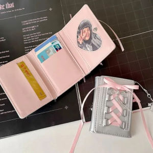 THOMA Korean Style Balletcore Pocket Purse Wallet Crystal Silk Ribbon Bow Cash Purse Bag Elegant Multifunction Crossover Strap Three Fold Wallets Girls