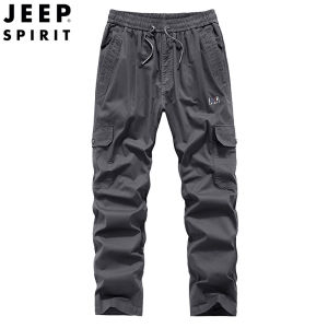 JEEP SPIRIT Mens Trousers Oversized Cotton Trousers Multi Pocket Cargo Pants Loose Straight Outdoor Cargo Pants