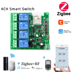 4 Channel 7-32V Tuya Smart APP Zigbee Smart Relay Switch Module AC/DC 7-32V USB 5V RF/APP Wireless Remote Control self-locking interlock wireless remote control motor garage door electric curtain scene linkage Smart Home Work With Alexa or Google home