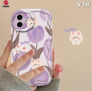 (Lokal Ready) PENGER Casing hp iPhone 11 12 14 13 12 Pro Max XR 7Plus iPhone 15 Pro Max X XS Max 6s 7 8 6 Plus SE 2020 Casing Tepi Lengkung Bergelombang 3D Bunga Tulip Kelinci Lucu Soft Case Cover