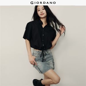 Giordano Women Drawstring hem short sleeve cotton cropped shirt Free Shipping 05345499