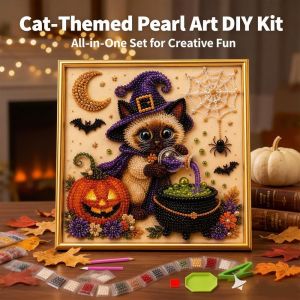 UNMEGONI DIY Halloween Cat Pearl Bead Painting Kit Diamond Dot Pearl Bead Pearl Art Craft Kit Fashion With Frame Diamond Art Craft Home