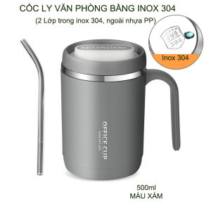 Cốc ly uống cà phê trà 500ml cho dân văn phòng loại 2 lớp trong inox 304 ngoài nhựa PP kèm ống hút