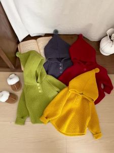 Korean childrens clothing thickened sweaters for spring and autumn stylish hooded pullover knit tops for boys and girls