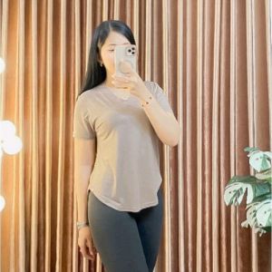 Baju V-neck atasan wanita lengan pendek kaos polos wanita adem serap keringat atasan olahraga