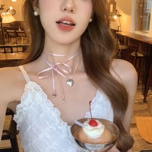 GENENIC Korean Style Balletcore Style Ribbon Necklace Pearl Star Love Pendant Clavicle Chain Retro Small Photo Frame Y2K Choker Girl