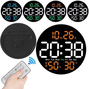 ZHUWE Remote Control 10 Inch LED Wall Clock Brightness Adjustable Temperature/ Humidity Display Hanging Digital Clock Easy-to-read Large Screen Round Wall Clocks Home Decoration
