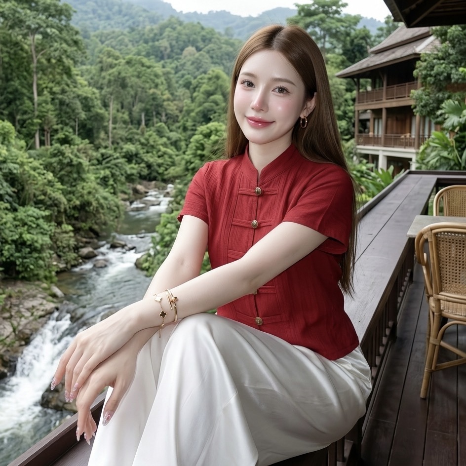 เสื้อคอจีนแขนสั้นกระดุมเหรียญ ผ้าฝ้ายชินมัย ทรงสวย ใส่สบาย ไซส์ใหญ่ก็ใส่ได้ มุมมองที่ 4