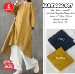 Set Overall Wanita Jumbo Panjang Korean Style Ootd Remaja Kekinian Saringga Terbaru Bahan Katun Linen HQ Panjang Selutut Pinggang Karet Saku Kanan Kiri Cocok Formal & Semi Formal - XELLEA