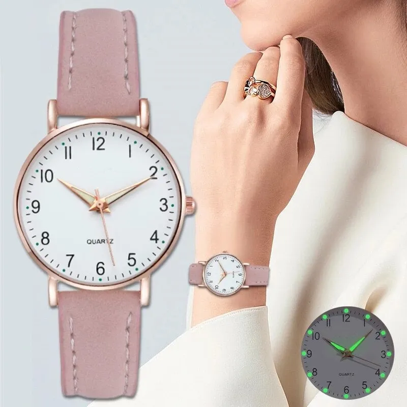 【♡Lovely girls house♡】2021 Fashion Casual Belt Round Pink Watch Women's  Simple Digital Retro Frosted Leather Small Fresh Casual Hand Ladies Quartz 