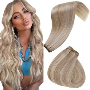 Hetto Sew in Hair Extensions Real Human Hair Blonde Sew in Bundles Human Hair Ash Blonde Highlight Light Blonde Weft Hair Extensions Human Hair Weft Extensions for Short Hair #18/613 12 Inch 70g