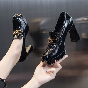 Block Heel Deep Mouth Single Shoes Womens Patent Leather Platform Platform High Heels Autumn Versatile Model Catwalk List