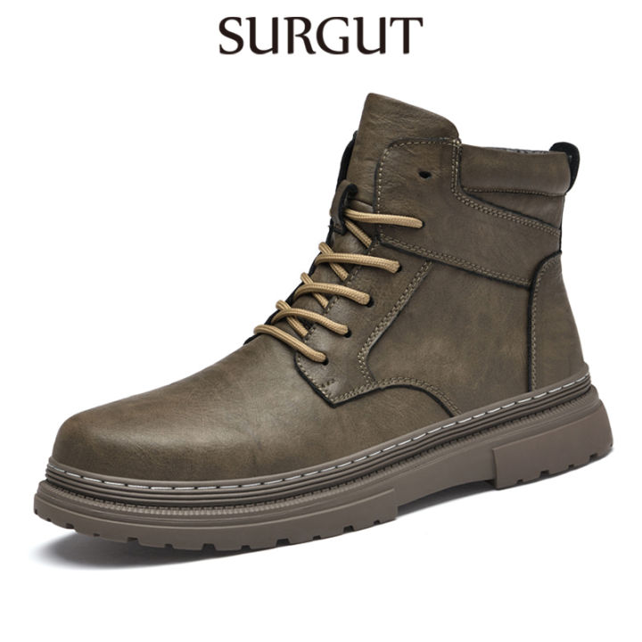 SURGUT Fashion Warm Winter Men Leather Shoes Rubber