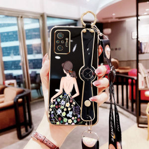VRQR Luxury Electroplating Silicone Phone Case for Xiaomi Redmi Note 10 Pro Max Dress Girl Wrist Strap Bracket Silicon Soft Cover with Long Lanyard