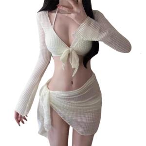 4 Pcs Swimsuit for Women Halters Swimming Suit Long Sleeves Swimwear with Cover Up & Beach Skirt Summer Bathing Suit
