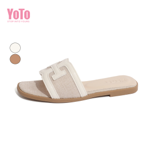 YOTO Sandals For Women Casual PU Leather Color Block Flat Comfortable Square Head Toe Slippers .