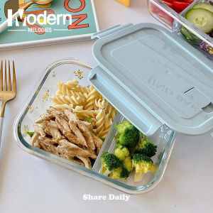 กล่องอาหารกลางวันแก้ว 🌸ด้วยลวดลายดอกไม้ แบบแก้ว พร้อมฝาปิด รักษาความสดใหม่ สําหรับไมโครเวฟ