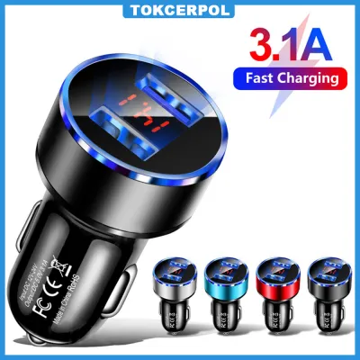 Charger Mobil 3.1A Ganda USB LCD Tegangan Meter Tampilan 12-24V Cepat Pengisian Power Adapter
