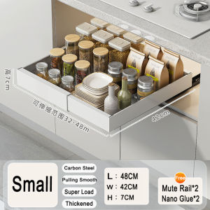 Retractable Under Sink Kitchen Cabinet Sliding Organizer Drawer 304 Stainless Steel Pull Out Basket No Punch Drawer Rack Kitchen Rack Organizer Storage Rack for Spice Dish Bowl Heavy Duty