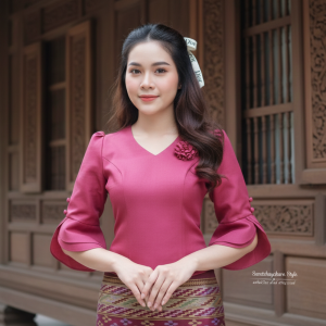 เสื้อผ้าไหมลาว เสื้อผ้าไทยประยุกต์  คอวี แขนกระดิ่ง งานเข้ารูปทรงสวย ใส่ไปงานบวช งานบุญ สวยมาก
