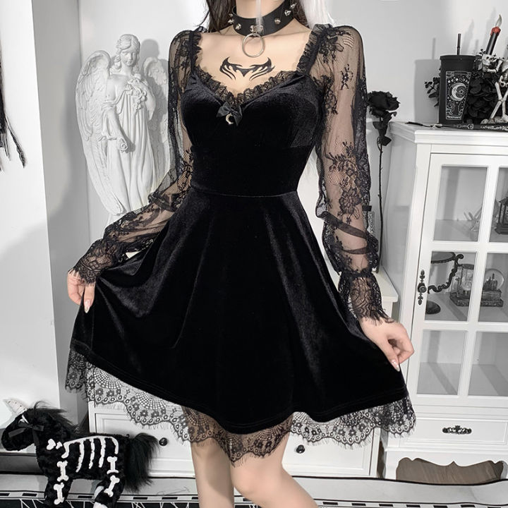 Womens Gothic Lolita Dresses Lace Long Sleeve Hollow-Out Velvet