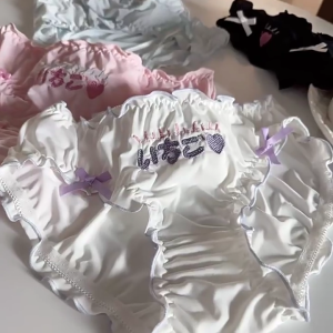 Womens Hipsters Ruffled Panties with Embroidered Letter Soft Ice Silk Fabric Middle Waist Underwear Sweet Bows Briefs