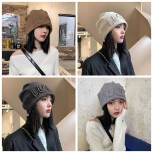 AKZDXE Polyester Fiber Women Beanie Hat Letter Embroidery Korean Japanese Style Pull On Hat Casual Soft Knit Fabric Letter Knit Beanie Women