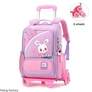 Cartoon Childrens School Bags with 6 Wheeled Trolley Backpack Teenagers Girls Rolling Backpack Students Kids Backpack