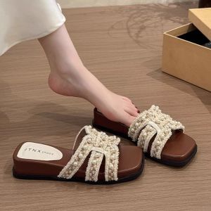 Pearl Slide Sandals For Women New Summer Outdoor Beach Wedge High-Heel Sandals