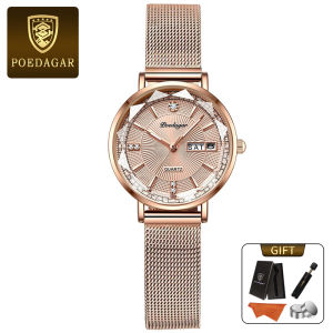 Poedagar Chính Hãng Đồng hồ nữ dây đeo bằng thép không gỉ lịch dạ quang không thấm nước 3013
