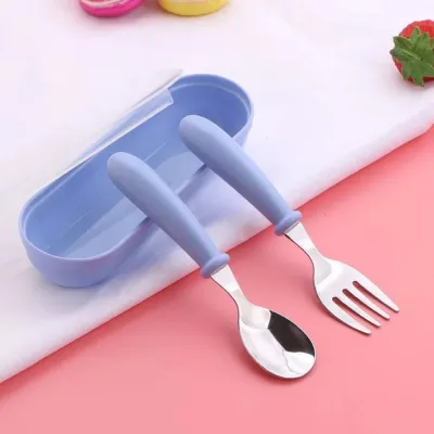 FAMILY`S CHOICE Baby Plain Stainless Spoon and Fork Set with Case Training Spoon for Toddlers