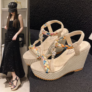 [Free Shipping] Bohemian Sandals For Women Summer Korean Style New Wedge Heel Thick-Soled Rhinestone Embellished Open-Toe Sandals Available In Large Sizes