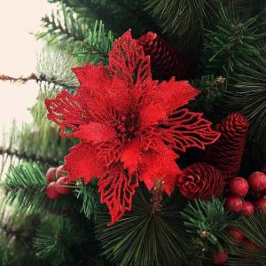 12PCS Artificial Poinsettia Flowers with Stem Glitter Christmas Decorations For Home Party Decor