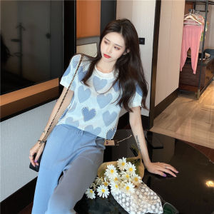 Cherry เสื้อไหมพรมแขนสั้น ลายหัวใจติดมุก สุดน่ารัก กำกังมาแรง 51025#