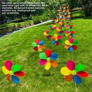 SJJL 10pcs Free installation String Petal Windmill String Colored Windmill 26cm 10meters Six Colored Plastic Pinwheels High Quality Handmade String Windmill Yard and Garden