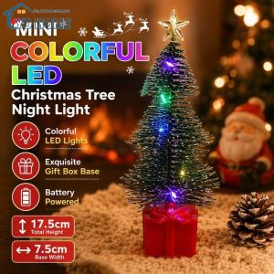 Mini LED Christmas Tree Night Light Colorful Glow Battery Powered Desk Decor Gift Box Base 17.5cm