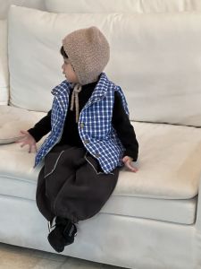 Childrens Plaid Cotton Vest Jacket Baby Korean Style Childrens Clothing 2025 Autumn and winter thickened sweatpants set for boys