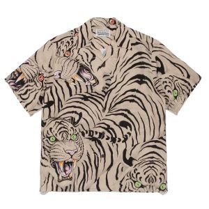 Classics WACKO MARIA Arrival Polyester Tiger Printing Short Sleeve Lapel Button Men Women Thin Oversize High Quality Shirt TEE