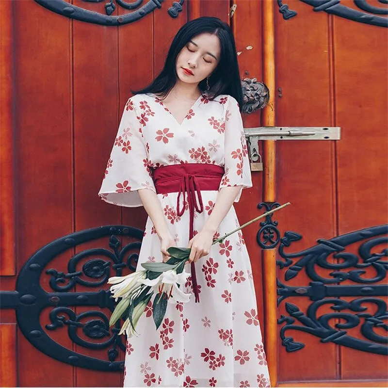 Japanese Sakura Dress Modified Kimono Style Vintage Dresses Calf Length  Sweet Kawaii Traditional Clothing Cosplay