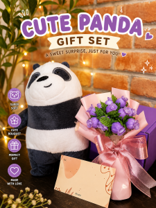 Cute Panda Gift Set with Flower Bouquet & Free Card for Her - Perfect for Anniversary Christmas Mothers Day Birthday Wedding Valentine Teacher Gifts - Soft Plush Toy & Mini Bouquet - Ready-to-Gift Packaging