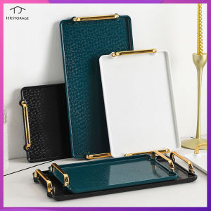HKStorage Nordic Plastic serving Tray Rectangular Tea Cup plate fruit Tray with gold Handle Cosmetic tray Kitchen Supplies