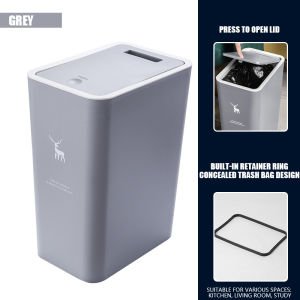 10L/15L Press Type Trash Can with Lid Slim Narrow Gap‑Fit Trash Bin Odor‑Proof Nordic Deer Print Waste Bin for Bathroom Kitchen Bedroom Office Thick PP Plastic