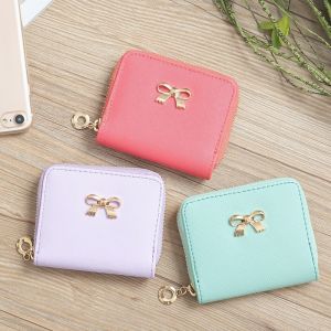 Womens Short Wallet Mini Pu Leather Clutch Pure Color Bow Zipper Wallet Short Mini Womens Clutch
