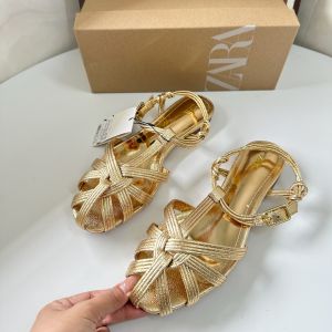 ZA*RA Summer new Roman sandals round head gold soft surface woven bag head hollow flat bottom womens shoes fashion