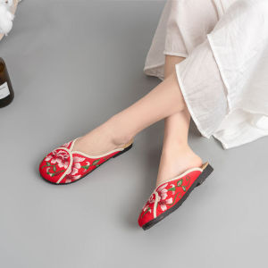 Old Beijing Embroidered Slippers for Outer Wear Ethnic Style Cloth Slipper Embroidery Womens Toe Cap Chinese Style Summer Breathable Ancient Style Flat