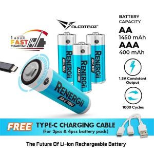 Alcatroz Renergii Li-Ion AAA AA Rechargeable Battery Type C Battery Charging Reusable Large Capacity Long Lasting Quick Charge Fast Charge