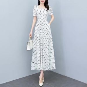 Women Square Neck Polka Dot Maxi Dress Puff Short Sleeve A Line Flowy Long Dresses Casual Holiday Sundress With Pockets