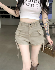 Pakaian kerja retro gaya Korea cowgirl musim panas celana pendek lebar lurus ramping baru