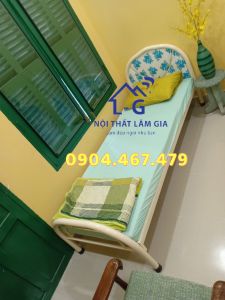 Giường sắt ống tròn màu kem đầu nệm bông khác nhau- [Freeship HCM]